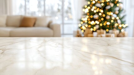 Marble Tabletop with Blurred Christmas Tree and Lights Background