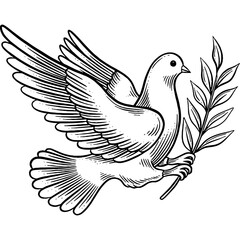 Hand drawn Dove Dove with Olive Branch Sketch Illustration Engraving Woodcut Vintage Style Vector Line Art