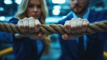businessman man business young busineswoman woman office rope concept competition pull strength challenge teamwork effort pulling rivalry power struggle determination achievement startup