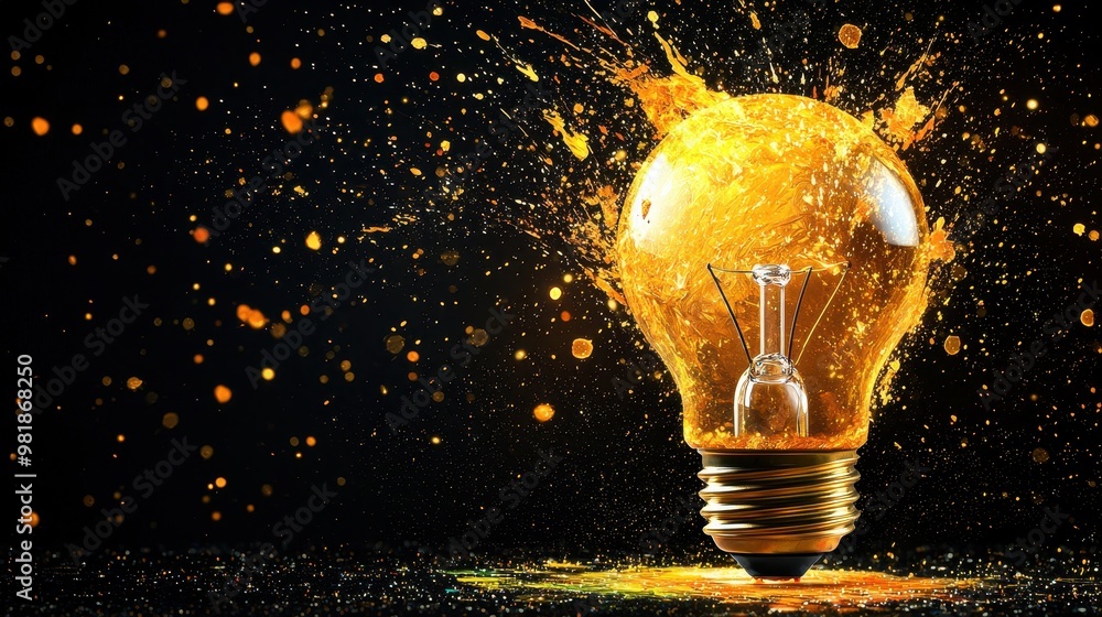 Poster exploding light bulb with golden sparks and black background