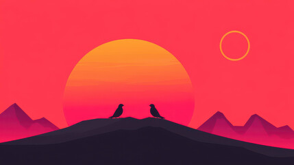 Mystical cartoon art features silhouettes of birds perched on Saturns rings, blending heavenly elements with flat textures.