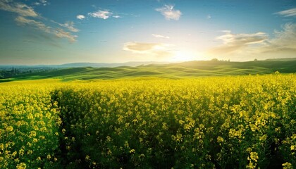 Mustard flowers, Golden Sunrise Over a Vast Field of Blooming Yellow Flowers