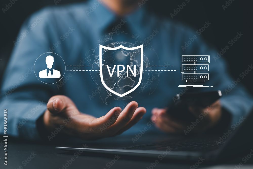 Aufkleber VPN server network security internet privacy encryption concept. Encrypted connection VPN (virtual private network). Man using smartphone with app web proxy over the Internet protocol. cybersecurity,
