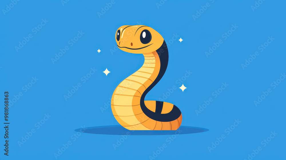 Wall mural A vibrant blue background showcases a charming cartoon cobra in a playful flat style, perfect for any fun design.