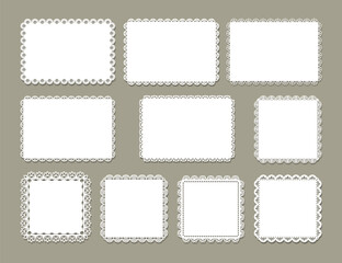 Set of Decorative white rectangle doily border, Vintage round lace paper doily frame, Paper Cutout Design, paper cutting, laser cut square frames. cute template for baby shower, wedding scrapbooking.