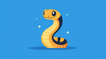 Fototapeta premium A vibrant blue background showcases a charming cartoon cobra in a playful flat style, perfect for any fun design.