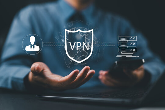 VPN server network security internet privacy encryption concept. Encrypted connection VPN (virtual private network). Man using smartphone with app web proxy over the Internet protocol. cybersecurity,