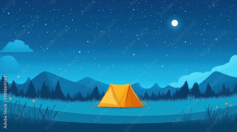 Poster A cozy tent in a dewkissed field invites peaceful nights and starry skies, perfect for rest and rejuvenation.