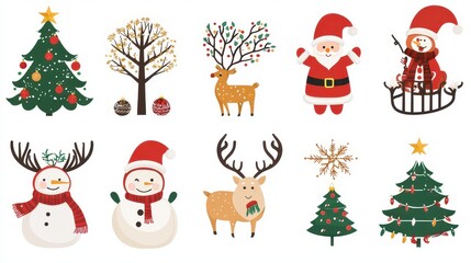 Cute Christmas Characters  Santa  Reindeer  Snowman  Christmas Tree  Snowflake