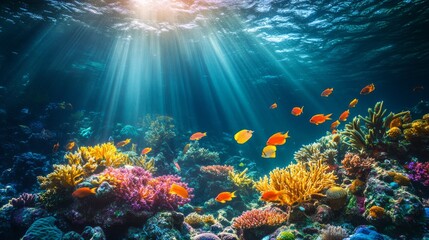 Underwater Scene with Sunbeams Illuminating Colorful Coral Reef and Fish