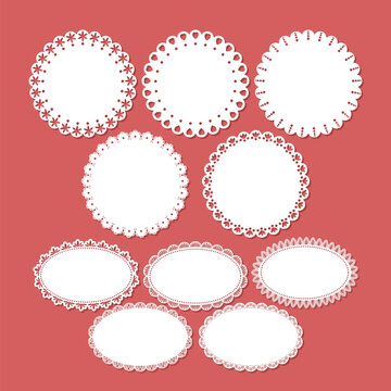 Set of Decorative white oval doily border, Vintage round lace paper doily frame, Paper Cutout Design, paper cutting, laser cut circle frames. cute template for baby shower, wedding and scrapbooking.