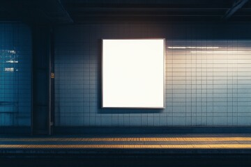 Blank billboard on a tiled wall in a subway station.