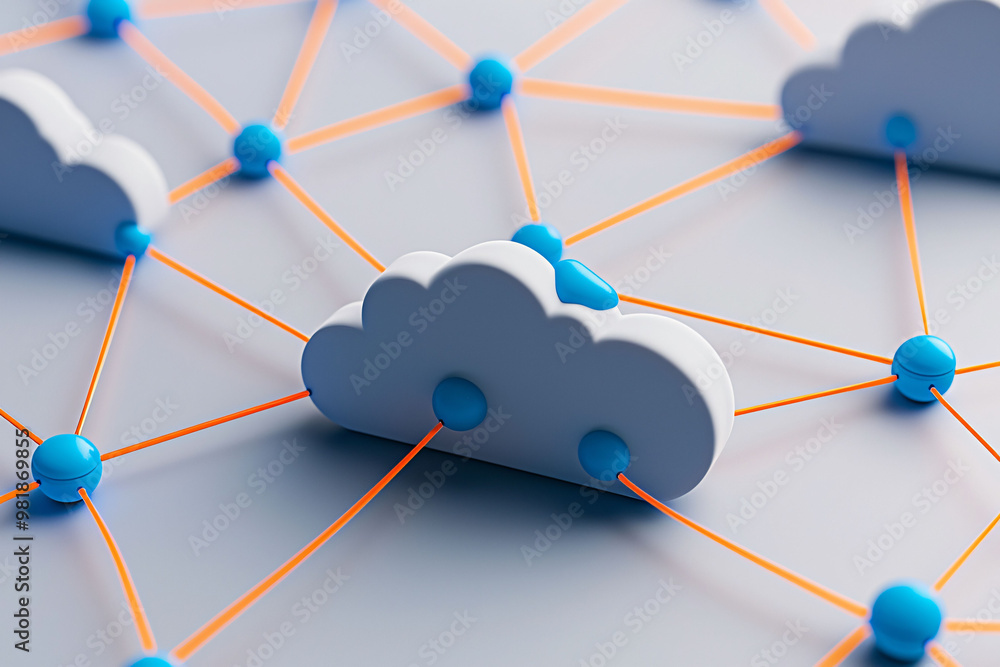 Poster abstract cloud network connected by digital paths, showcasing modern design with blue and orange ele