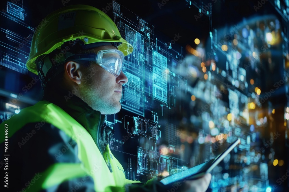 Poster engineer analyzing digital data on a tablet