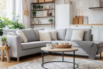 Fototapeta premium Cozy Living Room Interior Design with Gray Sectional Sofa