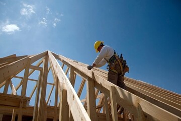 Construction Worker Installing Roof Trusses