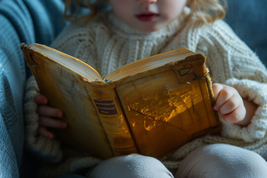 Close-Up of a Book on a Child&rsquo;s Lap &ndash; Smooth Side Lighting Highlights the Texture of the Pages, Capturing a Quiet Moment of Learning and Growth for Young Readers