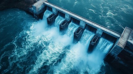 Hydroelectric dam with rushing water and electric turbines turning with the force of the flowing river water