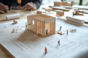Miniature Wooden House Model Under Construction