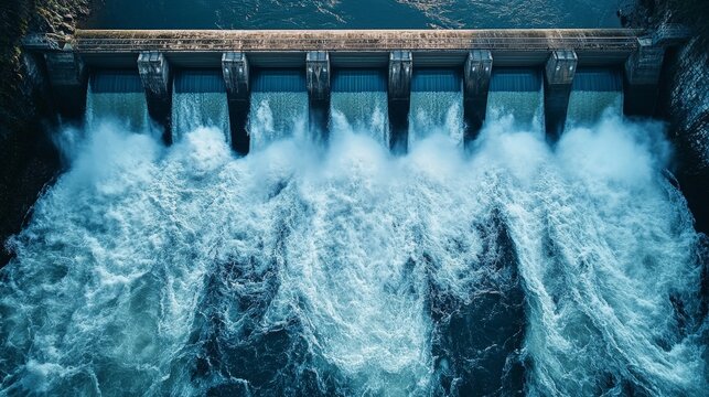Hydroelectric dam with rushing water and electric turbines turning with the force of the flowing river water