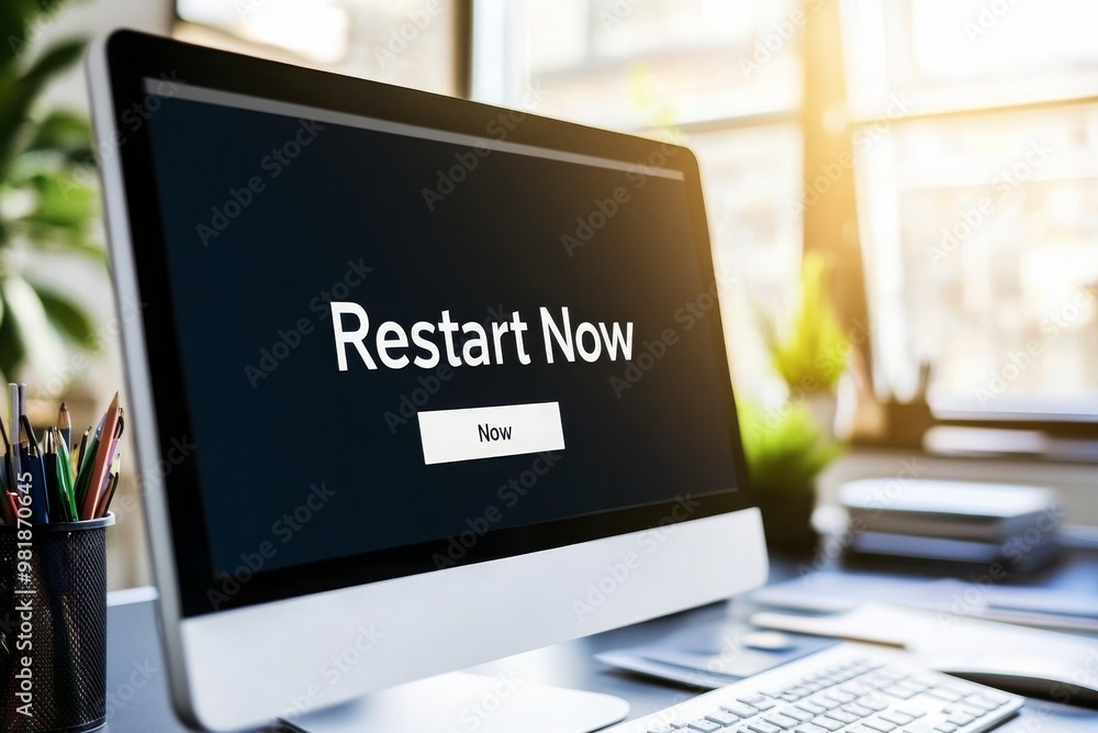 Poster computer displaying a restart message