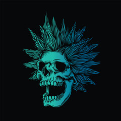 A skull with an open mouth and a punk rock hairstyle. T-shirt design, stickers, print.