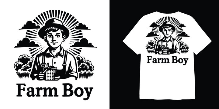 Adobe Illustrator ArtwFarm boy illustration, vector t-shirt mockup, retro vintage design.ork