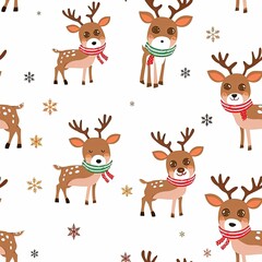 Festive reindeer in red scarves with snowflakes and Christmas lights in a seamless pattern, ideal for wrapping paper with a white background.