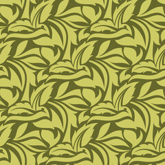 A repeating pattern featuring stylized floral and leaf motifs in shades of yellow and green.