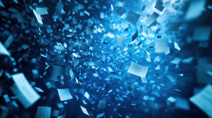 A flurry of papers in a blue and dark background.