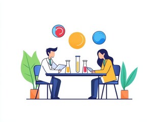 Scientists reviewing drug patent applications, modern lab, flat design illustration