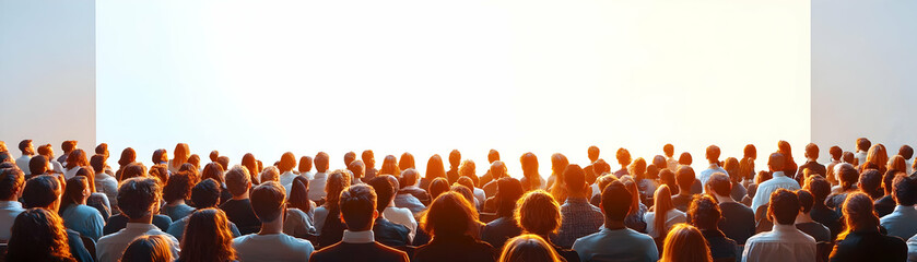 Engaged Citizens at Town Hall Meeting: Wide Shot of Diverse Audience Discussing New Policy, Expressions Captured on White Background for Policy Topic Text