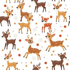 Obraz premium Adorable cartoon reindeer in colorful scarves form a seamless pattern, ideal for festive wrapping paper and holiday stationery.