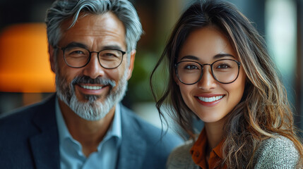 Smiling man and woman wearing glasses