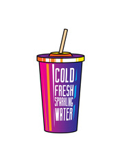 Fast food plastic cup with straw. Hot or cold drink. Original vector illustration in vintage style.