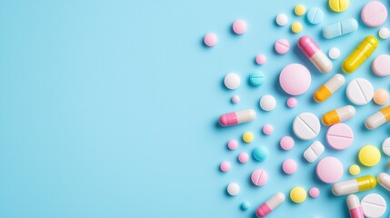 Colorful Pills and Capsules on Blue Background