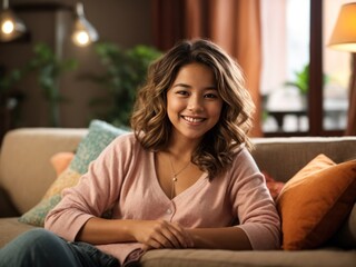 Obraz premium Happy cute girl sitting on sofa at home