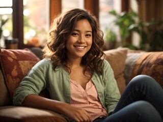 Happy cute girl sitting on sofa at home
