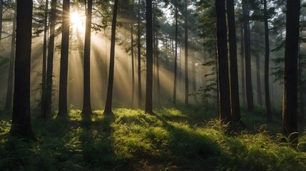 Naklejka premium Sunlight Streaming Through Tall Trees in a Lush Forest During Early Morning Hours