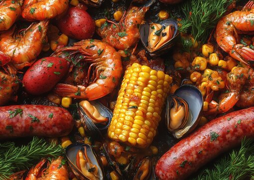 French Fries Golden Salted Seasoned Crispy Hot Crawfish Crayfish Boil Lobster Shrimp Mussels Clam Sausage Potato Corn Food Tile Tiled Repeatable Repeat Pattern Tessellation Background Image	
