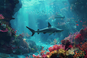 Hammerhead shark swimming among colorful coral reef in an aquarium, showcasing marine biology and underwater ecosystem.