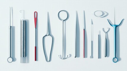 A set of surgical instruments, illustrated with a clean, professional style on a light, minimal background, with soft shadows.