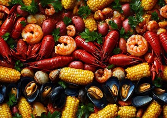 French Fries Golden Salted Seasoned Crispy Hot Crawfish Crayfish Boil Lobster Shrimp Mussels Clam Sausage Potato Corn Food Tile Tiled Repeatable Repeat Pattern Tessellation Background Image	
