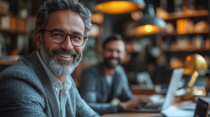 Obraz premium Smiling man in glasses and blazer at a cafe.