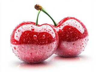 Two Fresh Red Cherries with Water Droplets Isolated on White Background