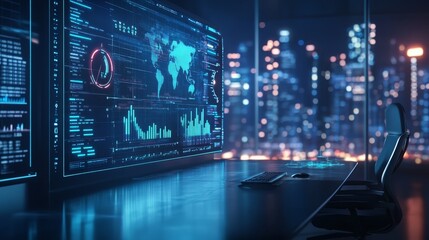 Futuristic Interface with World Map and Data Charts on Large Screen in Modern Office