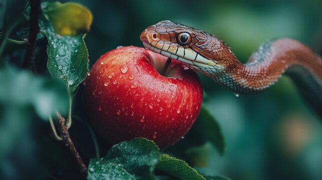 Snake in a apple tree next to a red apple representing original sin