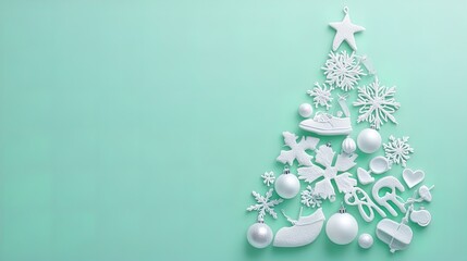 Modern Minimalist Christmas Tree Design: A Creative Composition of White Ornaments, Ice Skates, and Snowflakes on Muted Lavender - Perfect for Holiday Posters and Festive Decor!