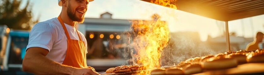 Fototapeta premium Happy Chef Grilling Food on Open Flame at Outdoor Food Stand
