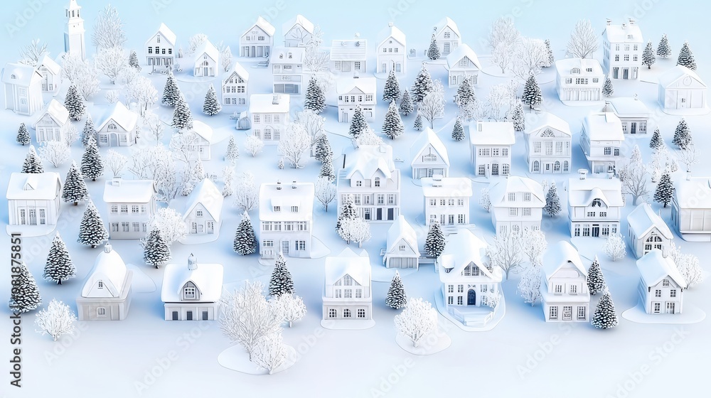 Wall mural winter village papercut houses snow scene